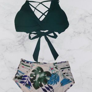 Teal and Tropical High Waisted Swimsuit